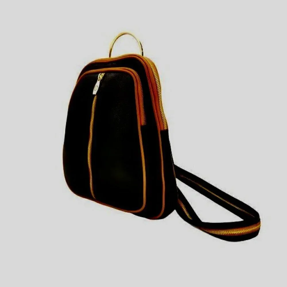 Valentina Italy Genuine Pebble Leather Convertible Backpack - Black/Tan